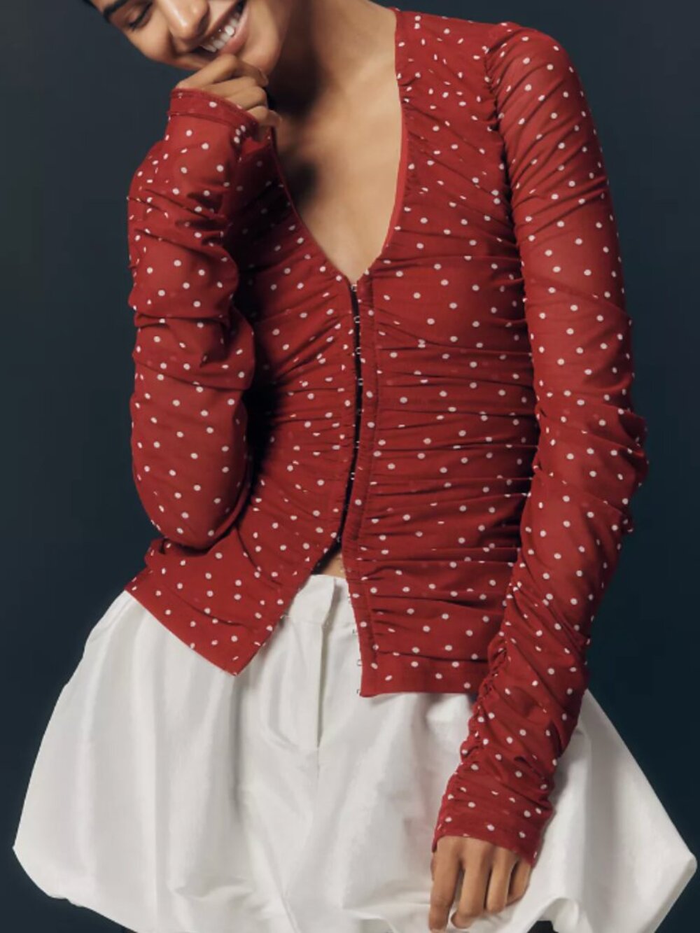 Maeve Ruched Long-Sleeve V-Neck Top (Anthropologie)